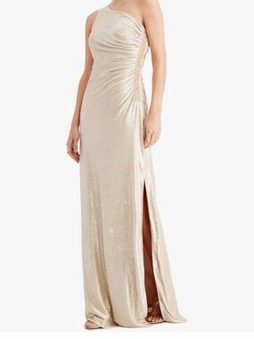 Calvin Klein One-Shoulder Shimmery Cream Evening Gown